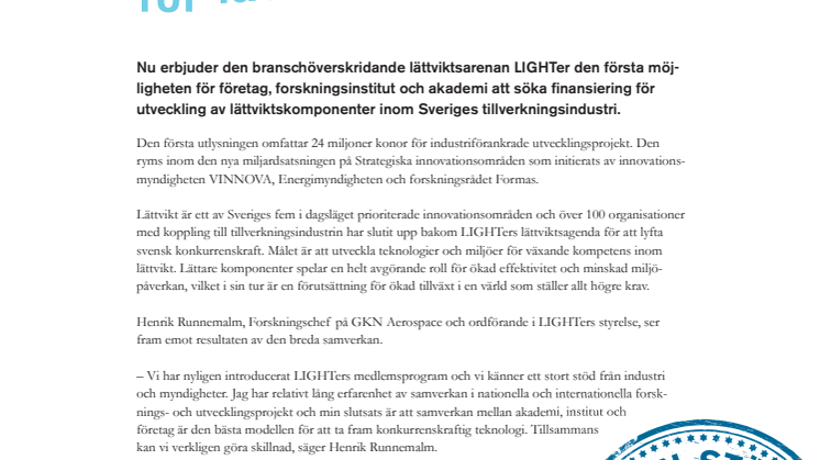 24 utvecklingsmiljoner för lättvikt