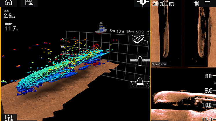 High res image - Raymarine -  Sphere Mode enlarges the size of individual 3D sonar returns for better visibility.