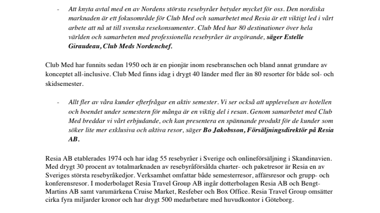 Club Med sluter avtal med Resia
