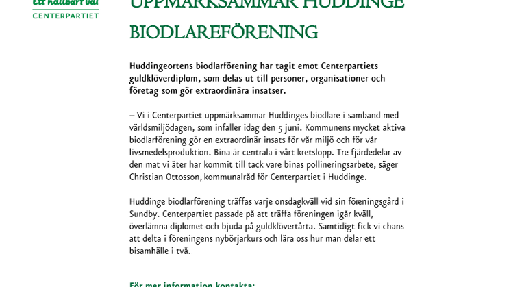 Världsmiljödagen: Centerpartiet uppmärksammar Huddinge Biodlareförening