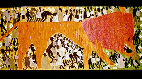 Sibongile Mabaso's weave "The red, hungry lion" (1963), photo by Peder Gowenius.