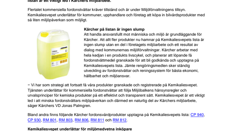 Kärchers fordonsvårdsprodukter miljöklassade av Kemikaliesvepet