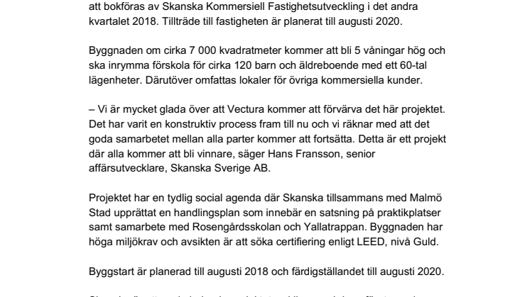 Skanska säljer förskola och äldreboende i Västra Hamnen, Malmö, för 295 miljoner kronor