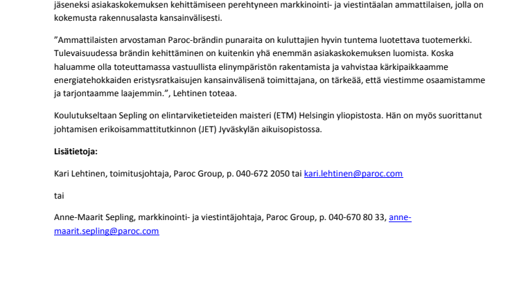 Anne-Maarit Sepling Paroc Groupin markkinointi- ja viestintäjohtajaksi