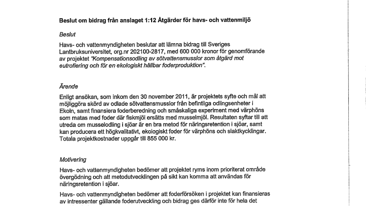 Beslut Kompensationsodling sötvattensmusslor