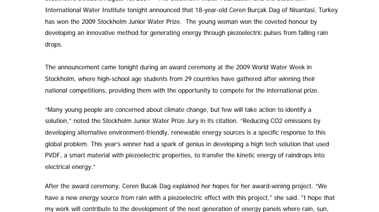 Turkish Student Wins Stockholm Junior Water Prize with Innovative Method of Generating Energy from Rain