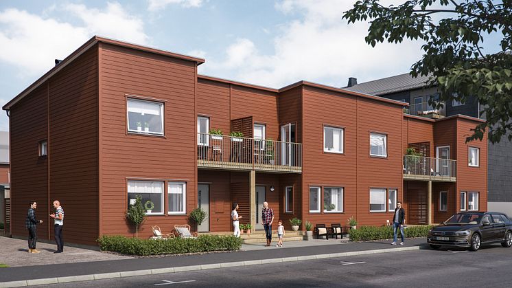 Illustration av entrésida, radhus i BoKlok Diamanten, Bäckby, Västerås. 