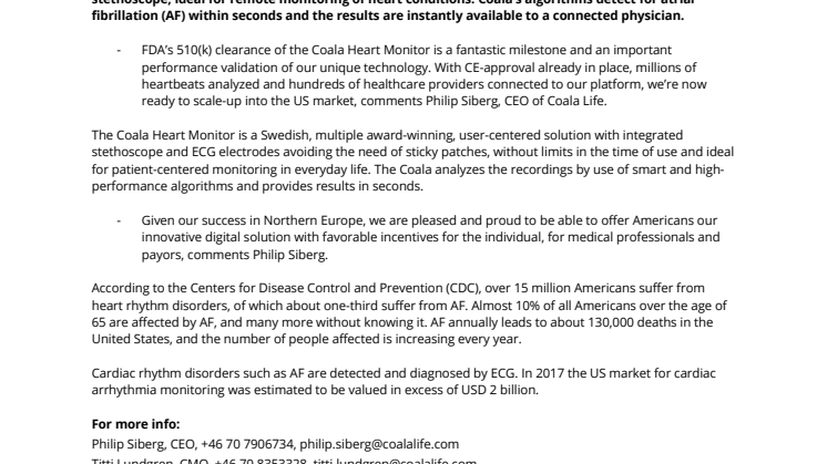 FDA clears the Coala Heart Monitor