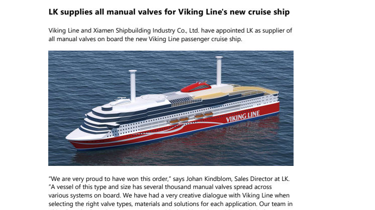 LK supplies all manual valves for Viking Line's new cruise ship