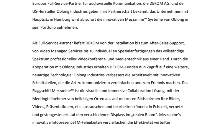 Oblong Industries und DEKOM AG schließen Partnerschaft