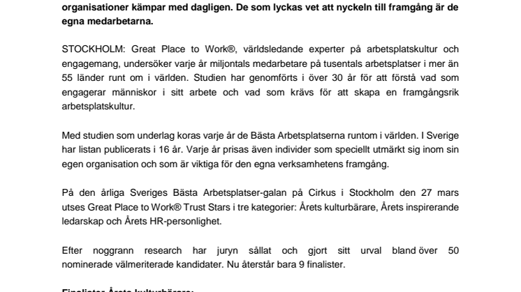 Trust Stars Finalisterna 2019: Eldsjälarna som utmärkt sig inom framgångsrik arbetsplatskultur! 