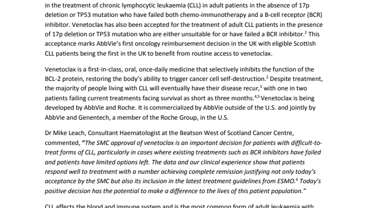 Scotland first in the UK to make VENCLYXTO®▼ (venetoclax) routinely available for patients with most common form of adult leukaemia