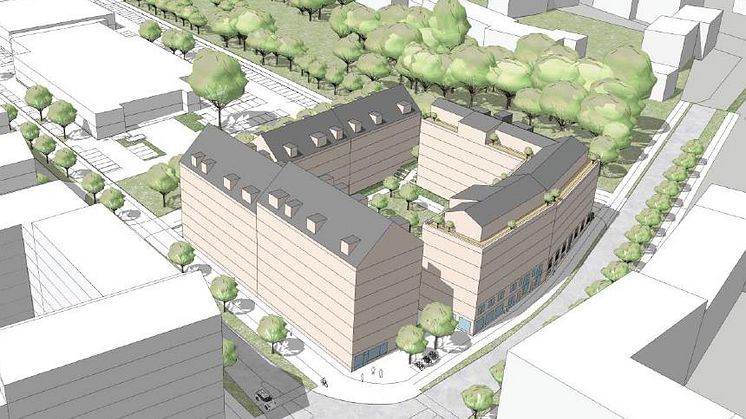 En skiss över det föreslagna kvarteret sett från sydöst, hörnet Öresundsvägen-Kobjersvägen. Bakom de föreslagna bostäderna syns Kobjersparken. Bild: Fojab.