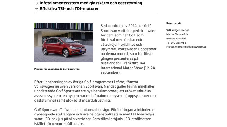 Volkswagen Golf Sportsvan uppdateras – premiär i Frankfurt