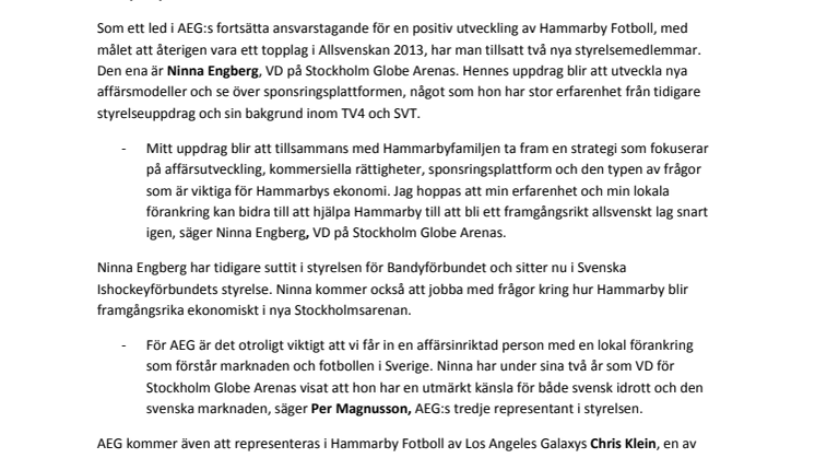 AEG nysatsar på Hammarby Fotboll