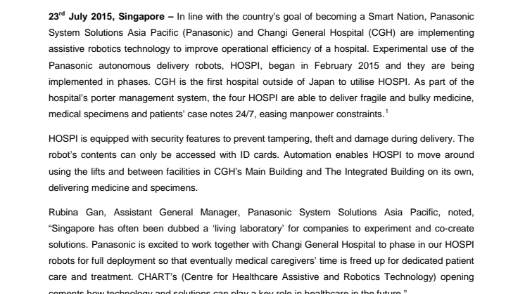 Panasonic Medical Robots – HOSPI – Aid Hospital Operations at  Changi General Hospital