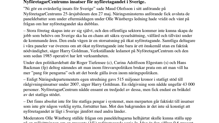 Näringsministern hyllade NyföretagarCentrums insatser för nyföretagandet i Sverige