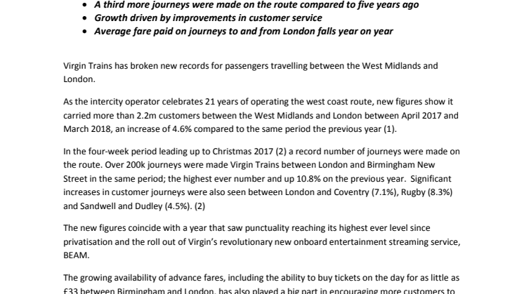Record year for Virgin Trains on the West Midlands to London route