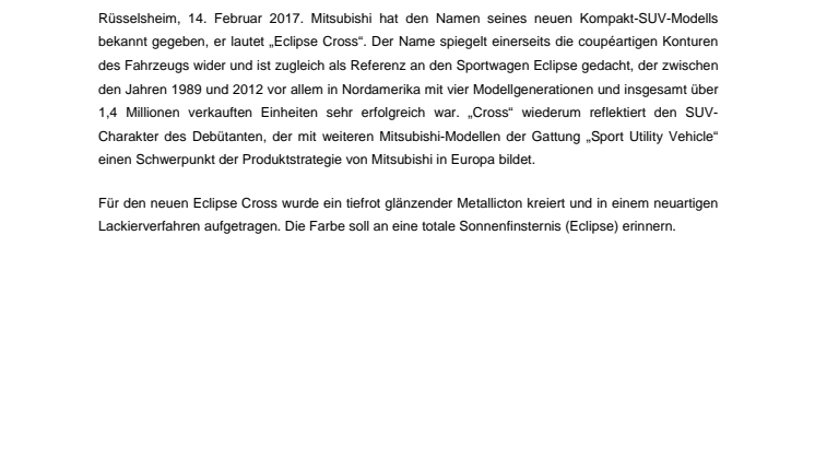 Neues Mitsubishi Kompakt-SUV-Modell heißt „Eclipse Cross“