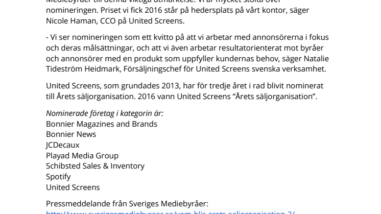 United Screens nominerat för tredje året i rad till Årets säljorganisation