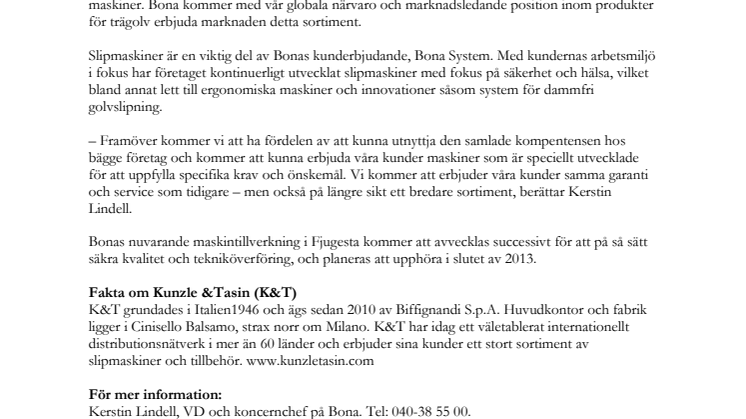 Bona AB och Kunzle & Tasin i strategisk allians