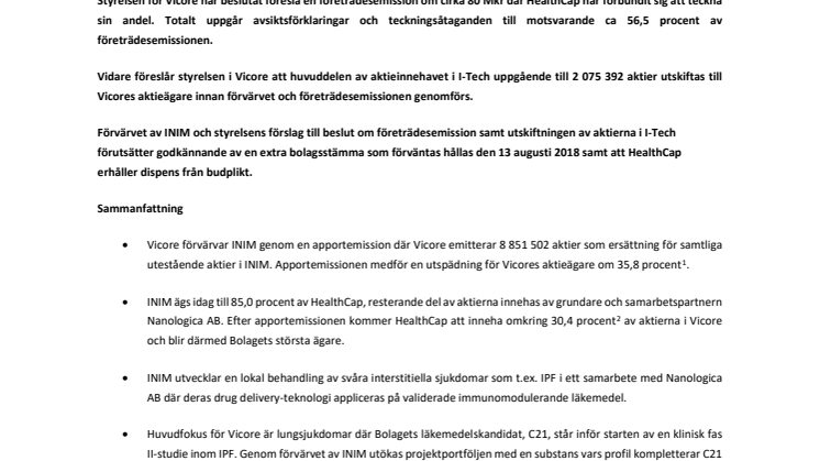 Vicore Pharma och HealthCap skapar ett ledande läkemedelsutvecklingsbolag med fokus på allvarliga lungsjukdomar