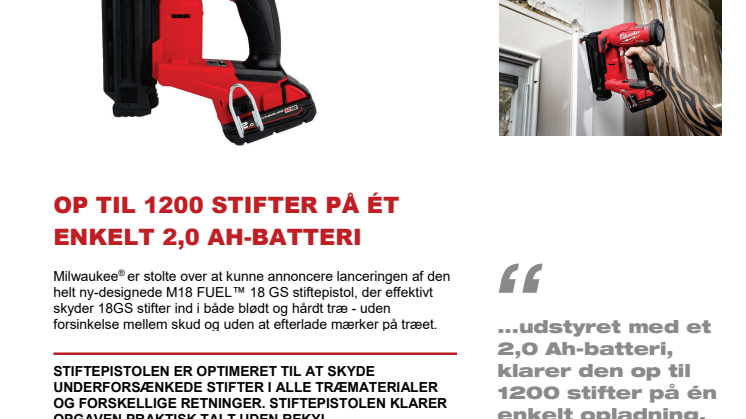 OP TIL 1200 STIFTER PÅ ÉT ENKELT 2,0 AH-BATTERI