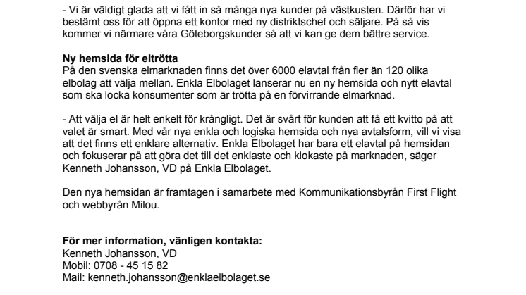Enkla Elbolaget öppnar Göteborgskontor 