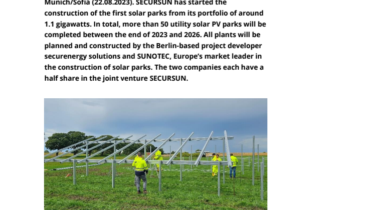 Press release: 1.1 gigawatt portfolio: SECURSUN starts construction of first solar parks