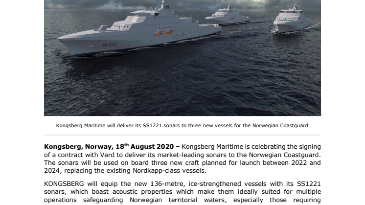 KONGSBERG to supply Norwegian Coastguard vessels with sonars for multiple operations