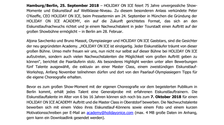 HOLIDAY ON ICE ACADEMY bringt Eiskunstlaufnachwuchs in Berlin auf die große Showbühne der Erfolgsproduktion ATLANTIS