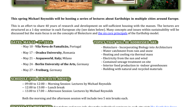 European Earthship Lecture Tour with Michael Reynolds
