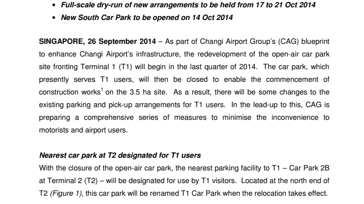 Changi Airport prepares for closure of T1 open-air car park; forthcoming changes to parking and pick-up arrangements 