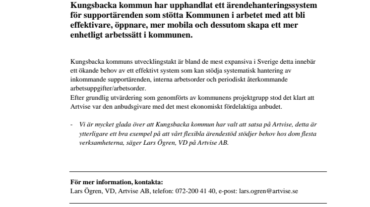 Artvise får order från Kungsbacka kommun gällande Artvise Kundtjänst!
