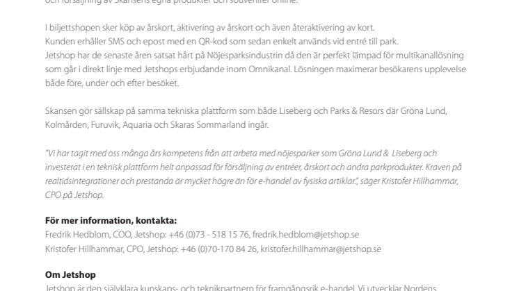 Jetshop levererar e-handelslösning för entrébiljetter till Skansen