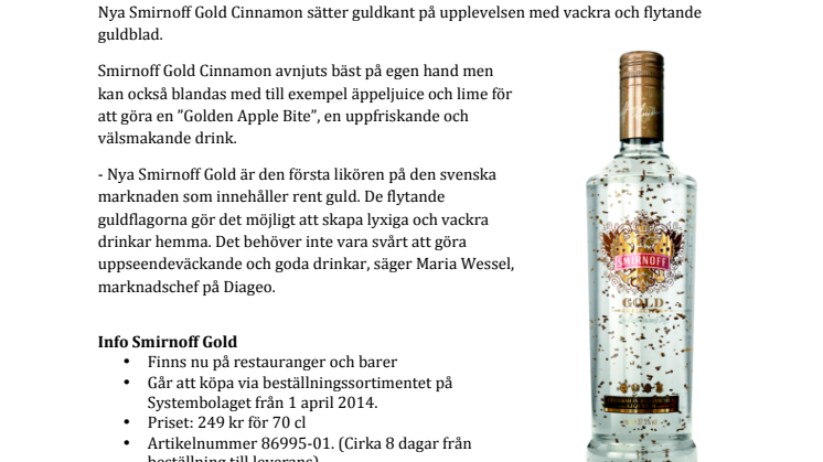 Smirnoff siktar på guld: Ny guldlikör med kanelsmak
