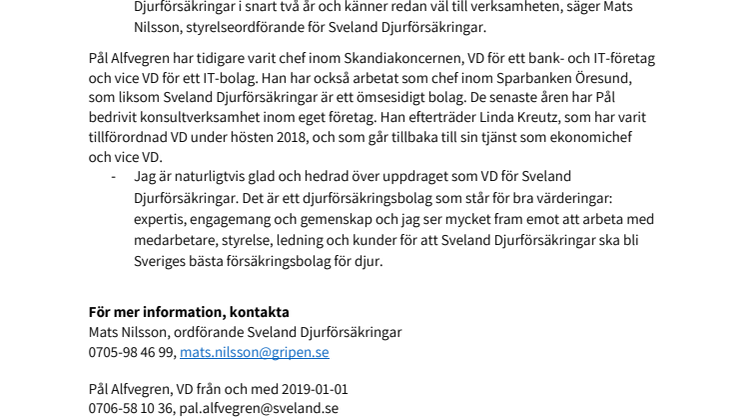 Pål Alfvegren blir ny VD för Sveland Djurförsäkringar