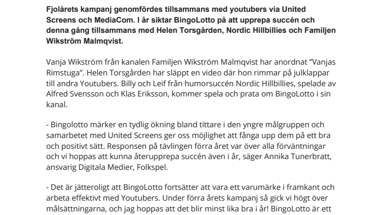 BingoLotto följer upp fjolårets succé med Youtube-fenomen för att lyfta BingoLottos Uppesittarkväll 