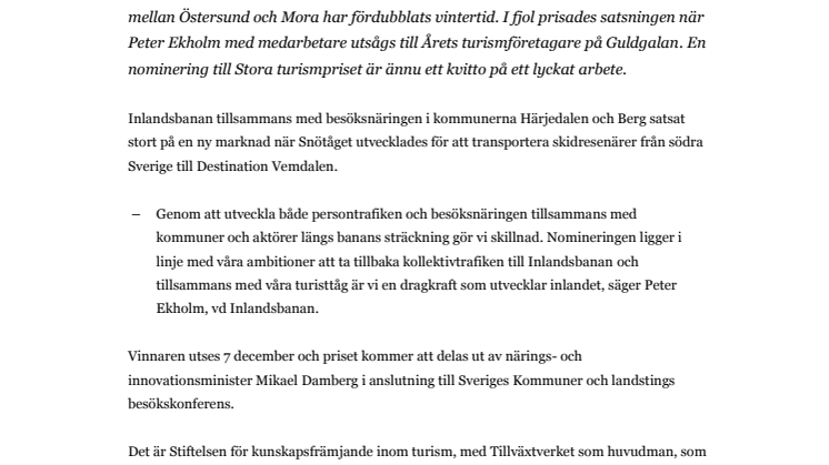 Snötåget och Inlandsbanan är nominerade till Stora turismpriset 