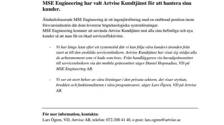 MSE Engineering AB satsar på Artvise Kundtjänst!