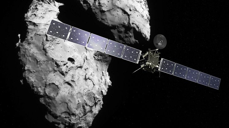 Rymdsonden Rosetta kretsade runt kometen 67P/Churyumov-Gerasimenko i två år 2014-2016. Analysen av mätningarna pågår ännu och har nu lett till upptäckten att det från jorden välbekanta norrskenet även finns i denna främmande miljö. Cred: ESA. 