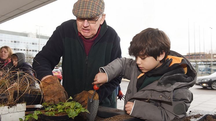 Milton Keynes Model Railway Society and local children fill planters at Milton Keynes station