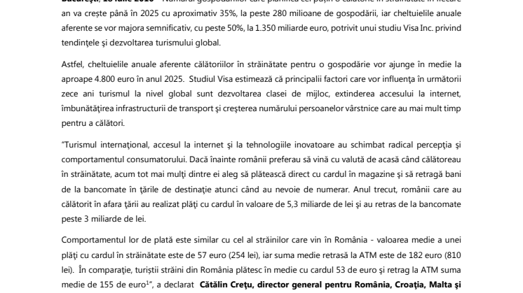 Studiu Visa: Peste 280 milioane de gospodării vor plănui să călătorească în străinătate până în 2025
