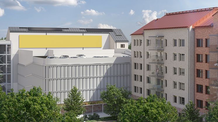 Väggen som kommer att utsmyckas på det nya ABK-huset i Östermalms Park. Illustration: ABK / PE Teknik & Arkitektur