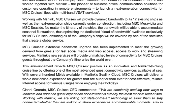 Marlink: MSC Cruises and Marlink Enhance Guest Connectivity Across Fleet with State-of-the-Art Technology