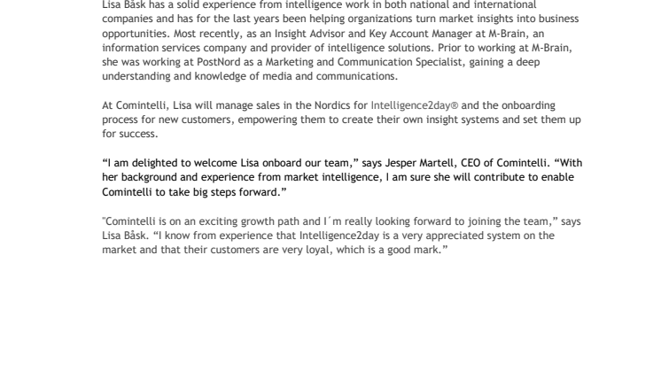 Comintelli continues its growth journey and recruits Lisa Båsk as Senior Customer Onboarding Consultant 