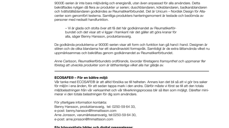 FM Mattssons 9000E-serie godkänd av Reumatikerförbundet