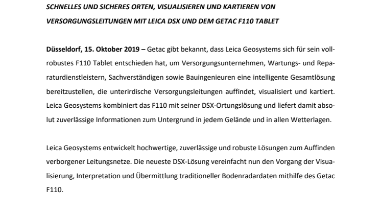 ​UNTERIRDISCHE VERSORGUNGSNETZE SICHTBAR MACHEN: LEICA GEOSYSTEMS SETZT ERNEUT AUF VOLLROBUSTES TABLET VON GETAC