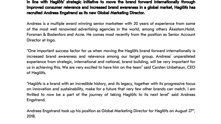 NEW GLOBAL MARKETING DIRECTOR TO HAGLÖFS 