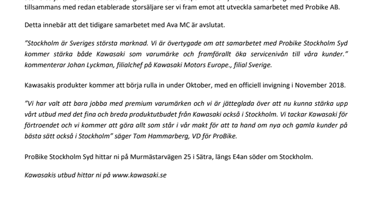Kawasaki utökar samarbetet med ProBike AB